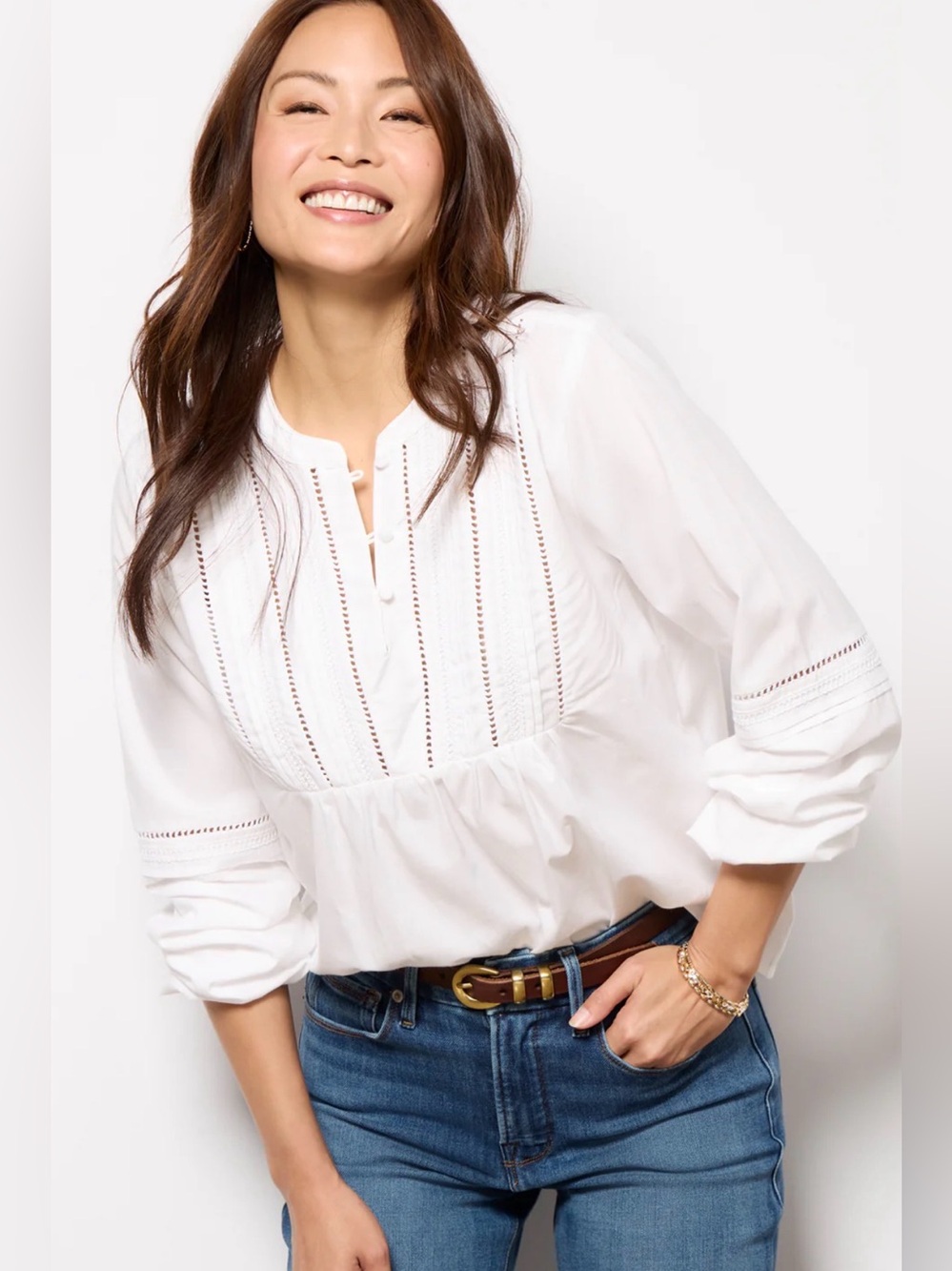 NWT Evereve white Jacqueline lace Inset Eyelet cottagecore Peasant Blouse Size M